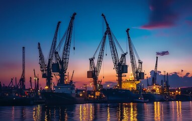Fototapeta premium Dramatic Close-up of Cranes in Harbor at Dusk with Stark Shadows