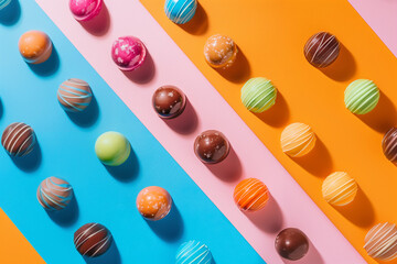 Obraz premium Colorful Chocolate Truffles Arranged on Vibrant Pastel Background