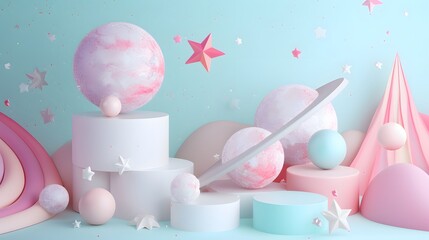 Dainty 3D moons stars and planets over a pastel-toned abstract setting  AI generated illustration