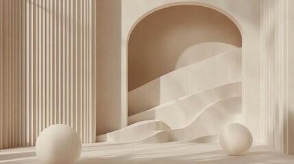 Fototapeta premium Abstract architectural background with a white, curved wall, an archway, and columns. Minimalist and modern.