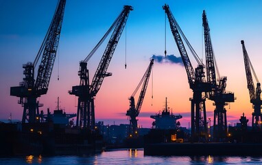 Obraz premium Dramatic Close-up of Cranes in Harbor at Dusk with Stark Shadows