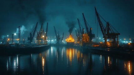 Fototapeta premium Illuminated Harbor at Night with Powerful Floodlights and Active Cranes