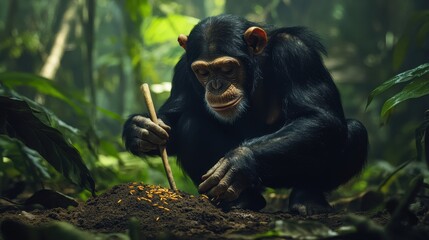 Chimpanzee Using a Stick to Extract Termites From a Termite Mound in the Rainforest