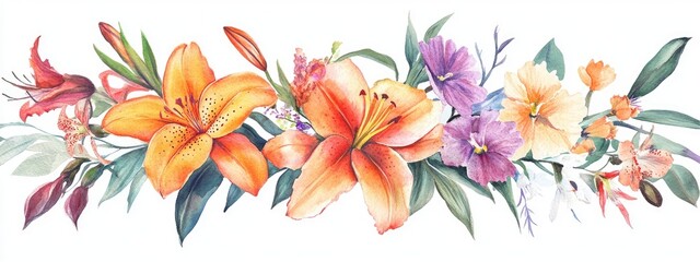 Obraz premium Watercolor illustration of a bouquet featuring lilies carnations and orchids on a white background