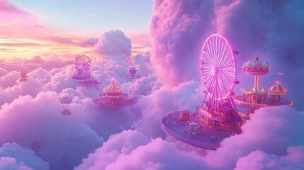 Fantasy Amusement Park in the Clouds with Ferris Wheel, Carousel, and Sunset Sky.
