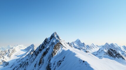 Obraz premium Majestic mountain range with snow-capped peaks and clear blue sky above. Majestic Mountain Range