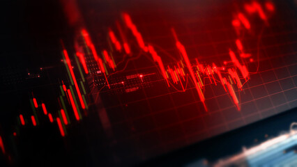 Red Going Down and chart with bitcoin on the Dollars background . Bitcoin on red arrow down and...