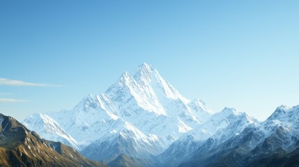 Obraz premium Majestic mountain range with snow-capped peaks and clear blue sky above. Majestic Mountain Range