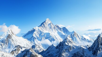 Majestic mountain range with snow-capped peaks and clear blue sky above. Majestic Mountain Range