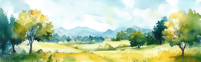 Fototapeta premium Watercolor illustration depicting a summer landscape in a rural setting