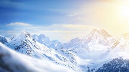 Fototapeta premium Majestic mountain range with snow-capped peaks and clear blue sky above. Majestic Mountain Range
