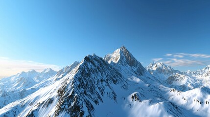 Fototapeta premium Majestic mountain range with snow-capped peaks and clear blue sky above. Majestic Mountain Range