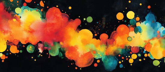 Watercolor illustration featuring an abstract square design on a black background with vibrant spots of orange yellow red green and blue creating a fluid movement Ideal for textile printing wallpap