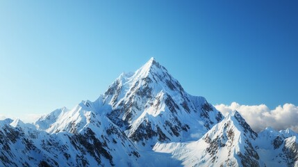 Fototapeta premium Majestic mountain range with snow-capped peaks and clear blue sky above. Majestic Mountain Range