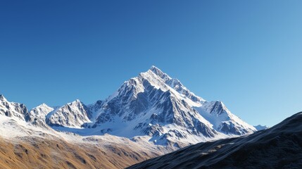 Fototapeta premium Majestic mountain range with snow-capped peaks and clear blue sky above. Majestic Mountain Range