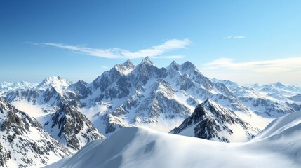 Majestic mountain range with snow-capped peaks and clear blue sky above. Majestic Mountain Range