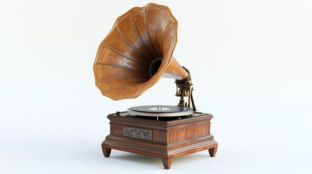 A vintage gramophone with a large horn, on a white background.