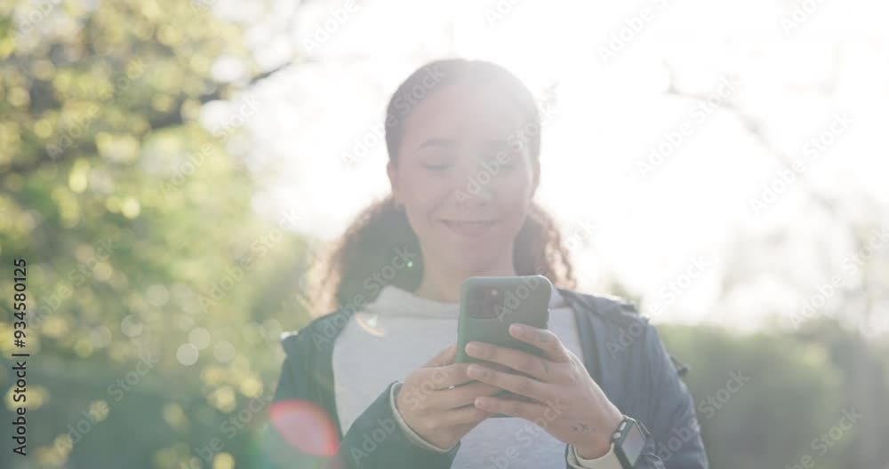 Poster Woman, smartphone and texting in park, exercise and morning for communication, flare and typing. Happy, social media and tracking steps in sportswear, outdoor and active with cellphone fitness app