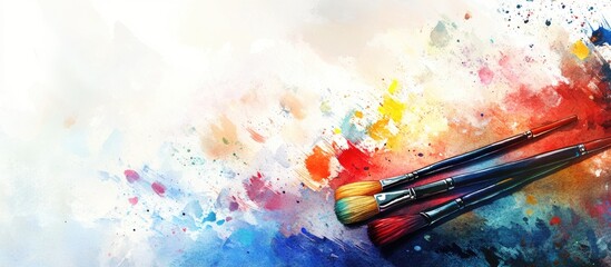 Fototapeta premium Watercolor illustration featuring a blurred image of a palette and brushes showcasing vibrant colors with ample copyspace