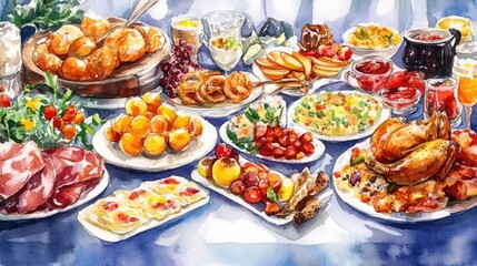 Fototapeta premium Watercolor illustration featuring a colorful array of cuisine