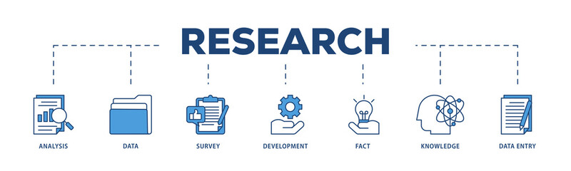 Research icons process structure web banner illustration of analysis, data, survey, development, fact, knowledge and data entry icon png transparent background.