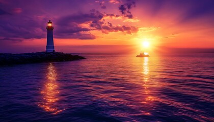 Sunset Harbor Entrance with Lighthouse and Calm Water Reflections