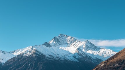 Majestic mountain range with snow-capped peaks and clear blue sky above. Majestic Mountain Range
