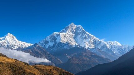 Majestic mountain range with snow-capped peaks and clear blue sky above. Majestic Mountain Range