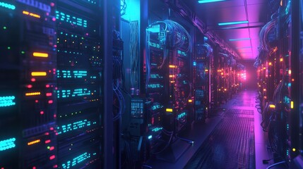 Obraz premium Futuristic Server Room with Neon Lights - Technology, Data Center, Network, Cyber, Digital, Abstract Background.