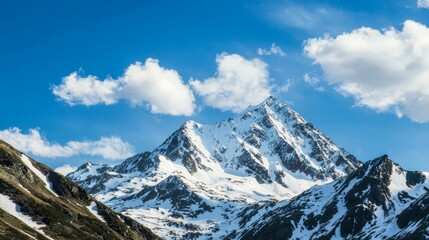 Fototapeta premium Majestic mountain range with snow-capped peaks and clear blue sky above. Majestic Mountain Range