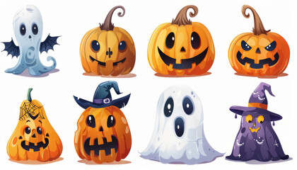 Fototapeta premium Cute Spooky Set of Halloween Monsters and Characters in Cartoon Style - Digital Art on White Background
