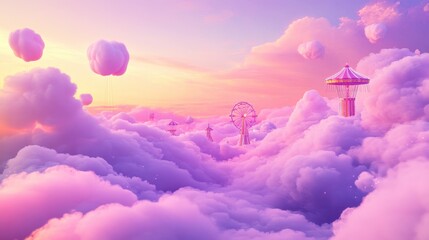 Fantasy Amusement Park in the Clouds - Surreal Sunset with Ferris Wheel, Carousel, and Pink Fluffy Clouds.