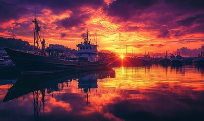 Fototapeta premium Aerial View of Industrial Harbor at Sunset with Cranes and Vibrant Sky Reflections