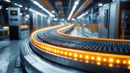 AI-driven conveyor belts synchronizing perfectly with automated machinery, industrial setting