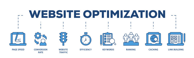 Website optimization icons process structure web banner illustration of page speed, conversion rate, website traffic, efficiency, keywords, ranking, caching  icon png transparent background. © kirale