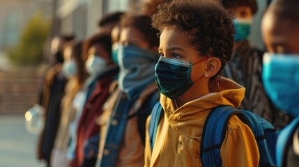 Students from various backgrounds wearing face masks waiting for temperature checks by their teacher to maintain health safety in education during the pandemic.