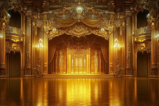 Empty golden palace background for theater stage scene, golden curtains and wooden floor