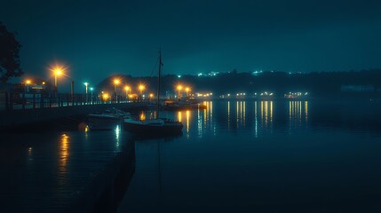 Obraz premium Clear Night Harbor Pier with Bright Lights and Smooth Water Reflections