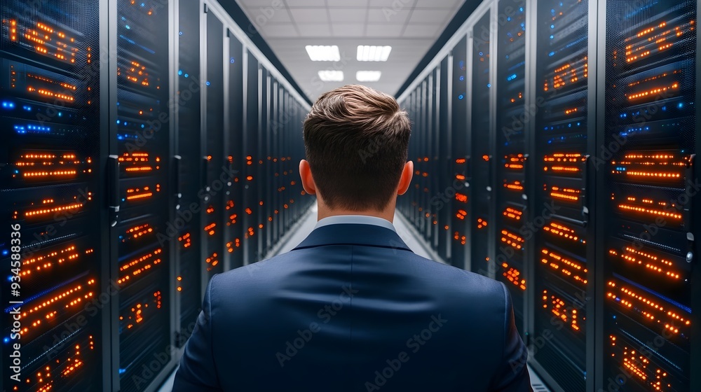 Poster technician monitoring servers and computing infrastructure in modern data center