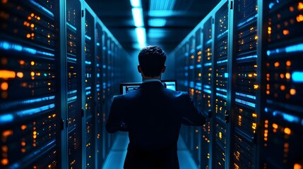 Technician Performing Checkup on Server Room Equipment