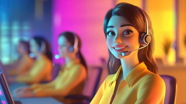Happy 3D cartoon young businesswoman and her team in a vibrant call center cheerful phone operators wearing headsets at their desks friendly agent smiling at the viewer