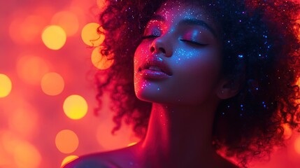 Naklejka premium Woman with Glitter Makeup in Neon Lights