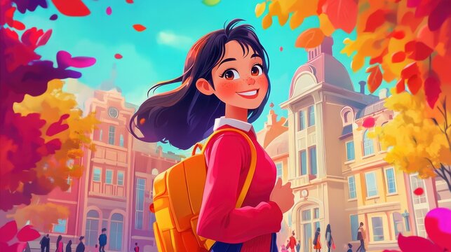 joyful cartoon girl in vibrant attire on a lively campus