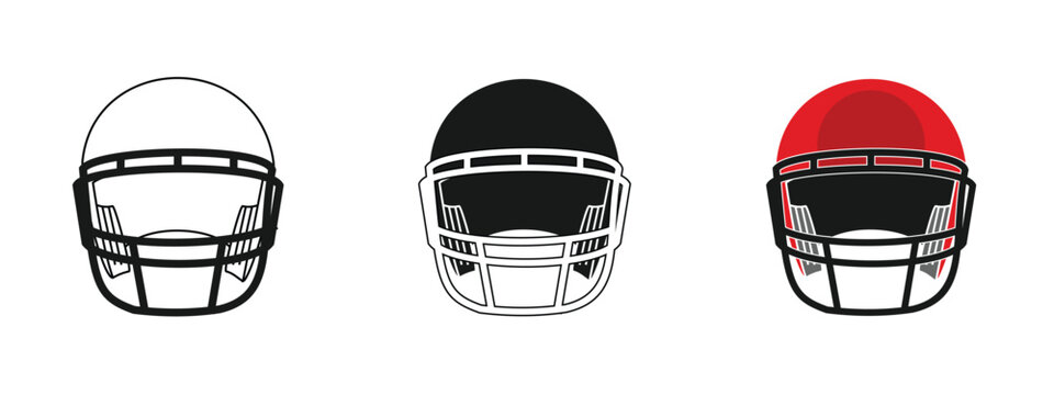 American football helmet, rugby ball, sports equipment, available in outline, black and colored, editable vector eps 10.