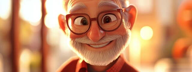 Joyful older character at a fun learning session smiling at the viewer