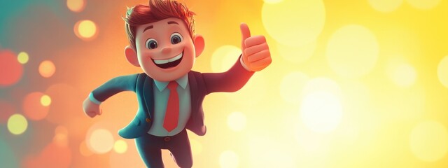 Fototapeta premium Joyful young character in a suit giving a thumbs up floating against a bright background