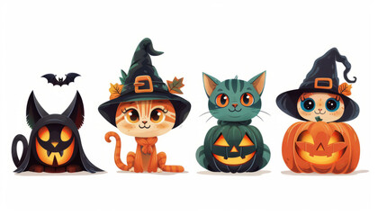 Cute Spooky Set of Halloween Monsters and Characters in Cartoon Style - Digital Art on White Background