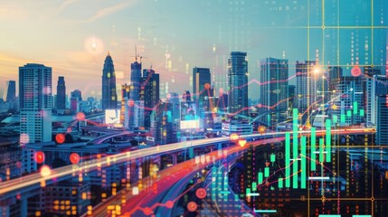 Obraz premium Cityscape with Stock Market Data Overlay