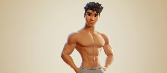 Stylish 3D Cartoon of a Young Bi Racial Man with a Confident Stance and No Shirt