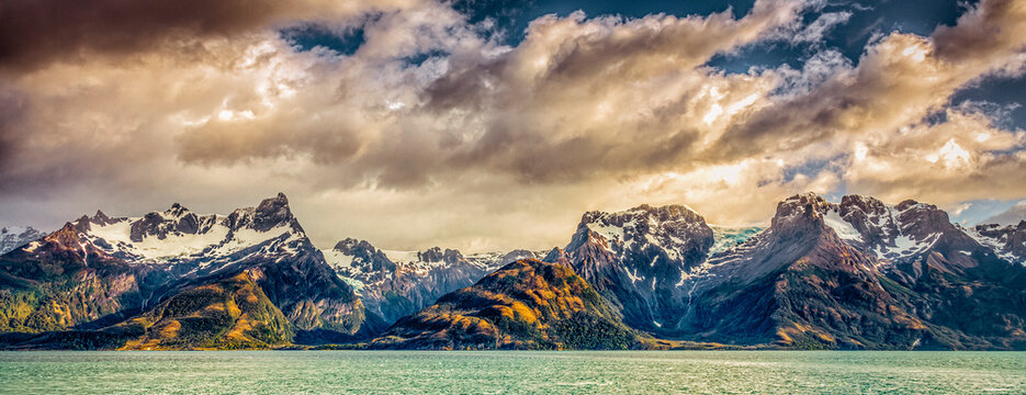 Argentina, Tierra del Fuego National Park. Panoramic of Magellan Strait and mountain range.